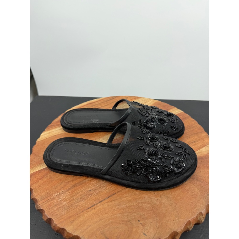Topshop Bambi Floral Mesh Slide Sandals UK 5 US 7 Black Beaded Sequin Embellish